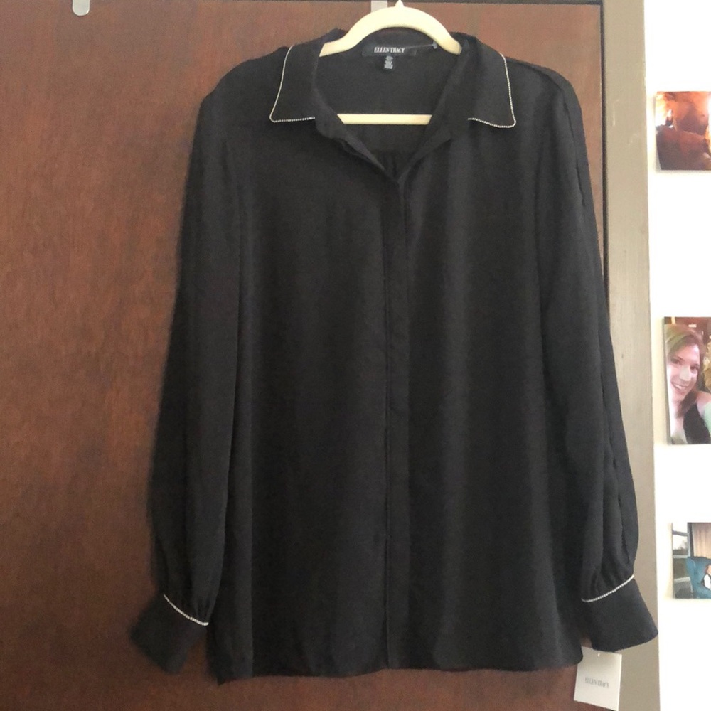 Ellen Tracy bead trim black button down blouse